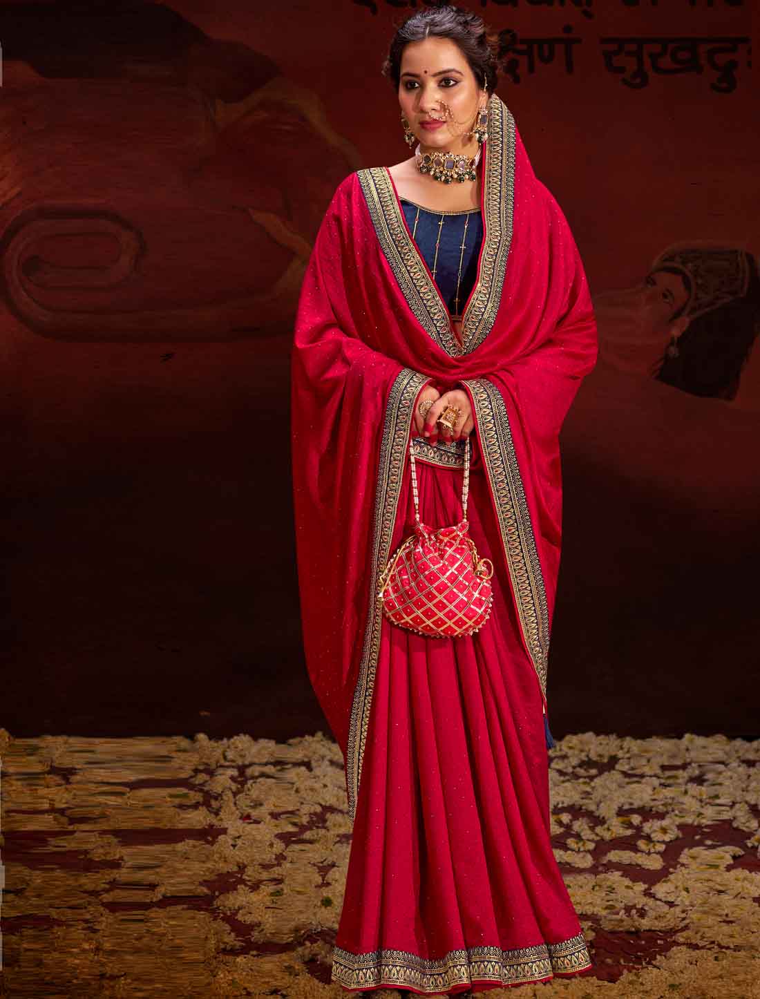 Red Designer Vichitra Blooming An Banglori Silk Ethnic Saree