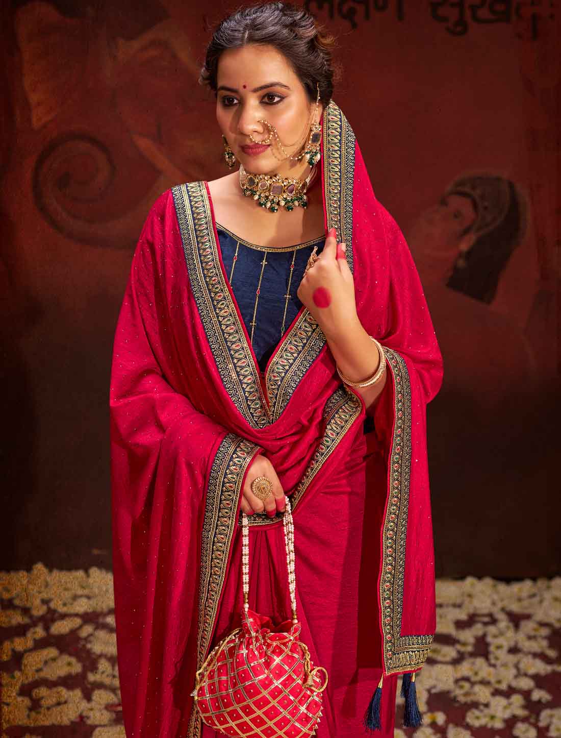 Red Designer Vichitra Blooming An Banglori Silk Ethnic Saree