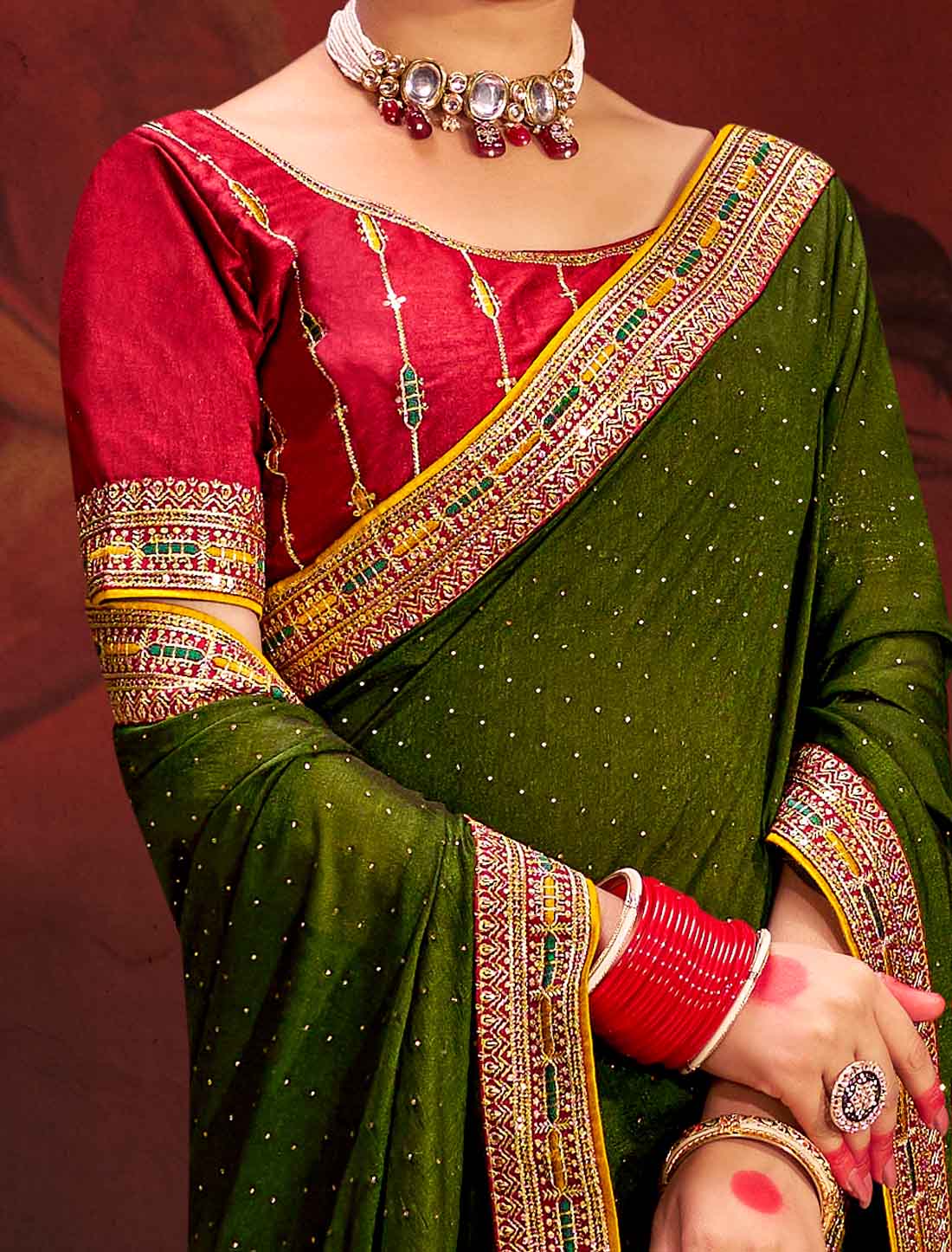 Olive Green Designer Vichitra Blooming An Banglori Silk Ethnic Saree