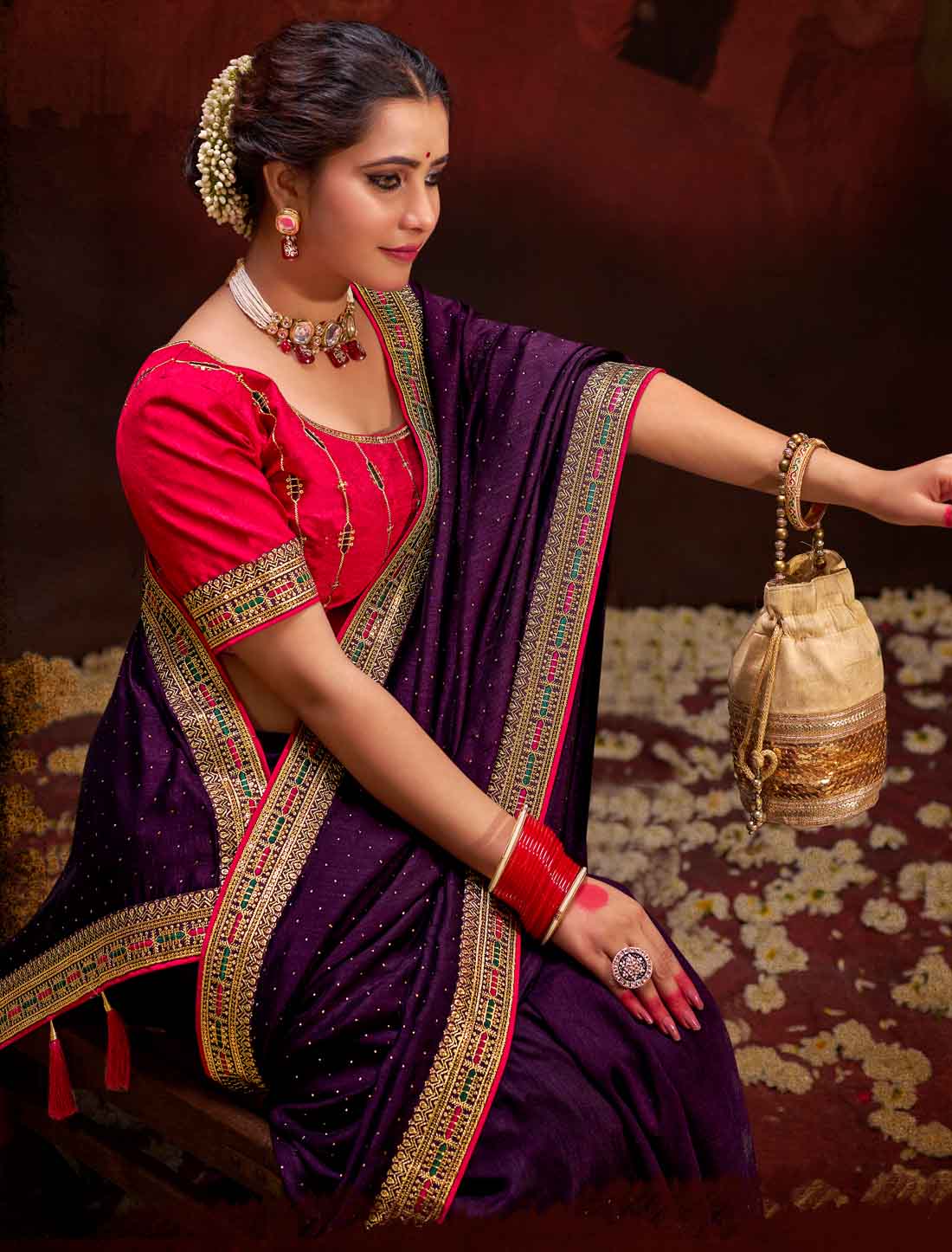 Violet Designer Vichitra Blooming An Banglori Silk Ethnic Saree