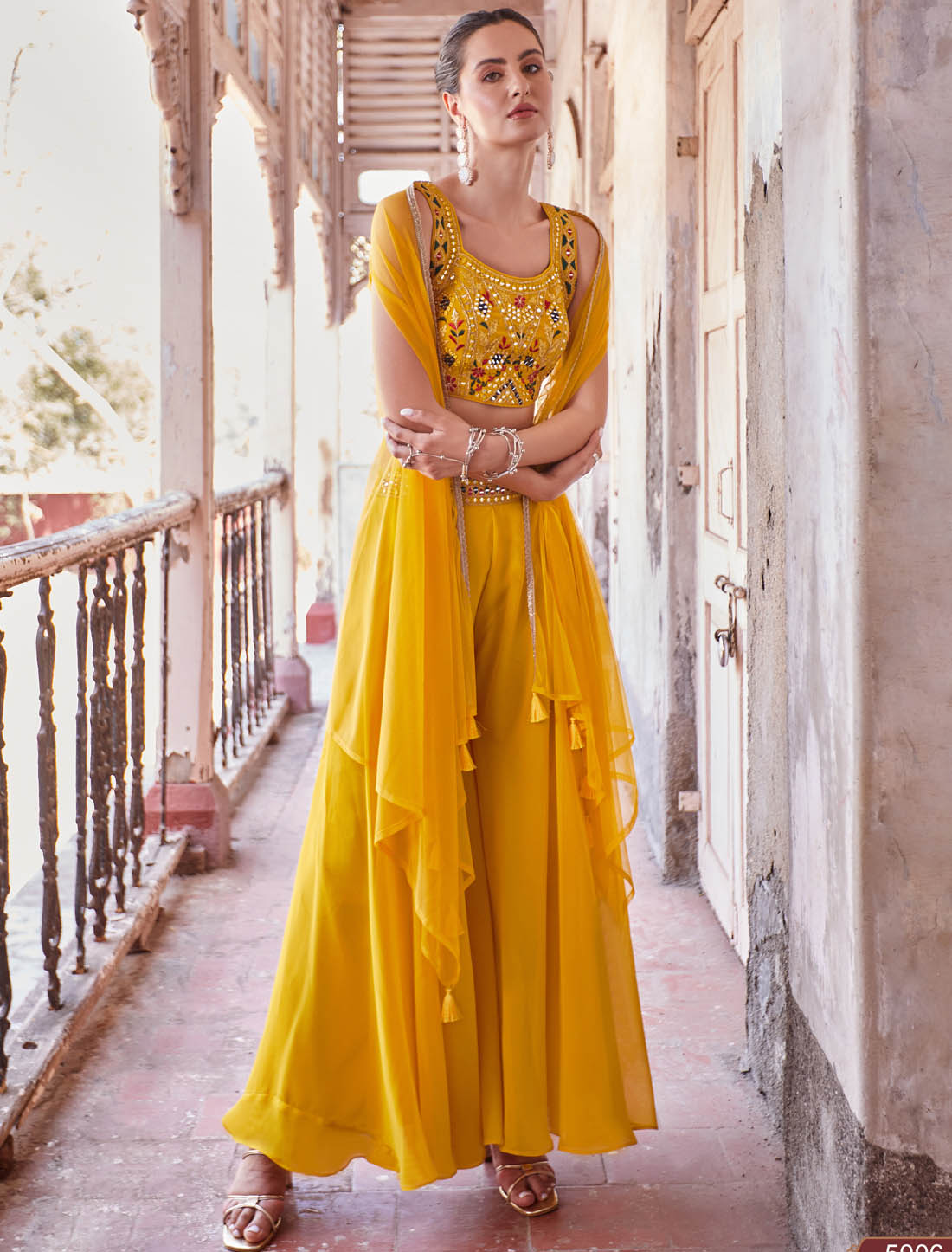 Yellow Ethnic Party Wear Sharara Choli Wedding Sets For Women with Georgette Fabric