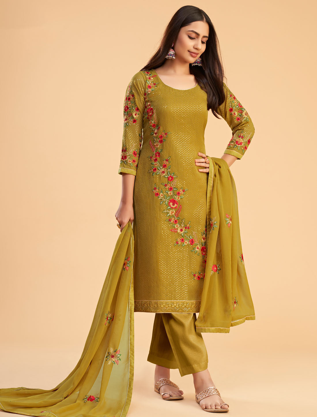 Yellow Semi Stitched Ethnic Women Georgette Salwar Suit With Bottom And Dupatta