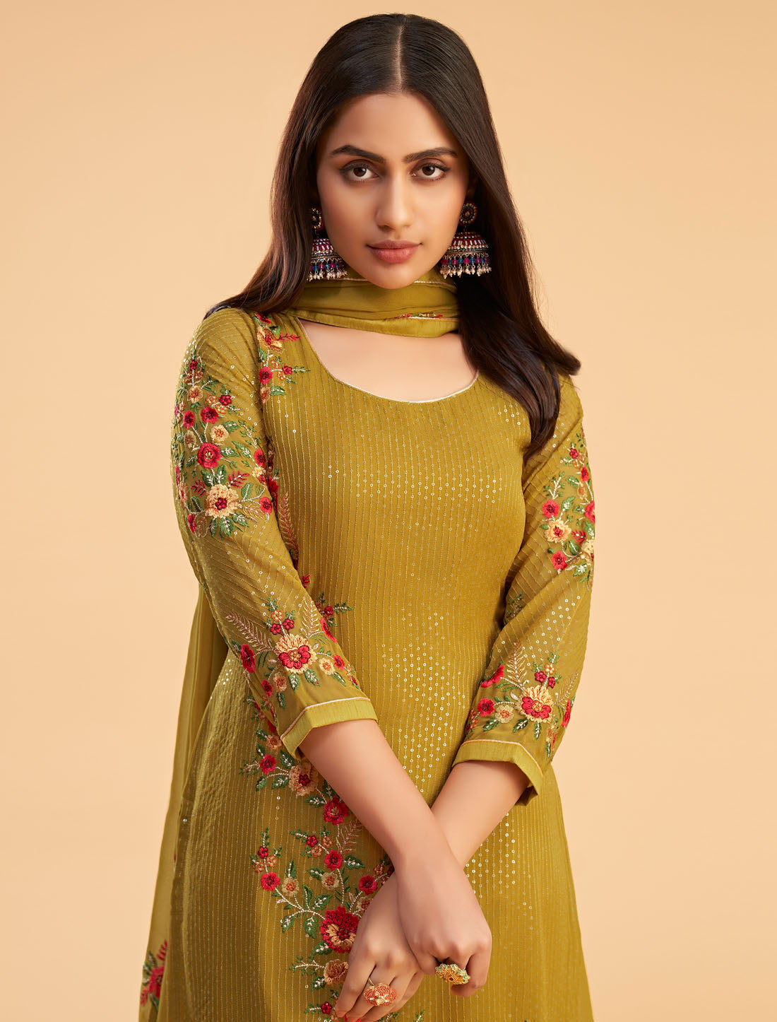 Yellow Semi Stitched Ethnic Women Georgette Salwar Suit With Bottom And Dupatta