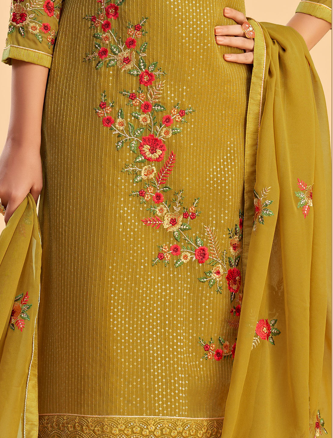 Yellow Semi Stitched Ethnic Women Georgette Salwar Suit With Bottom And Dupatta