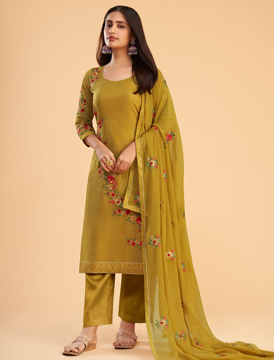 Yellow Semi Stitched Ethnic Women Georgette Salwar Suit With Bottom And Dupatta
