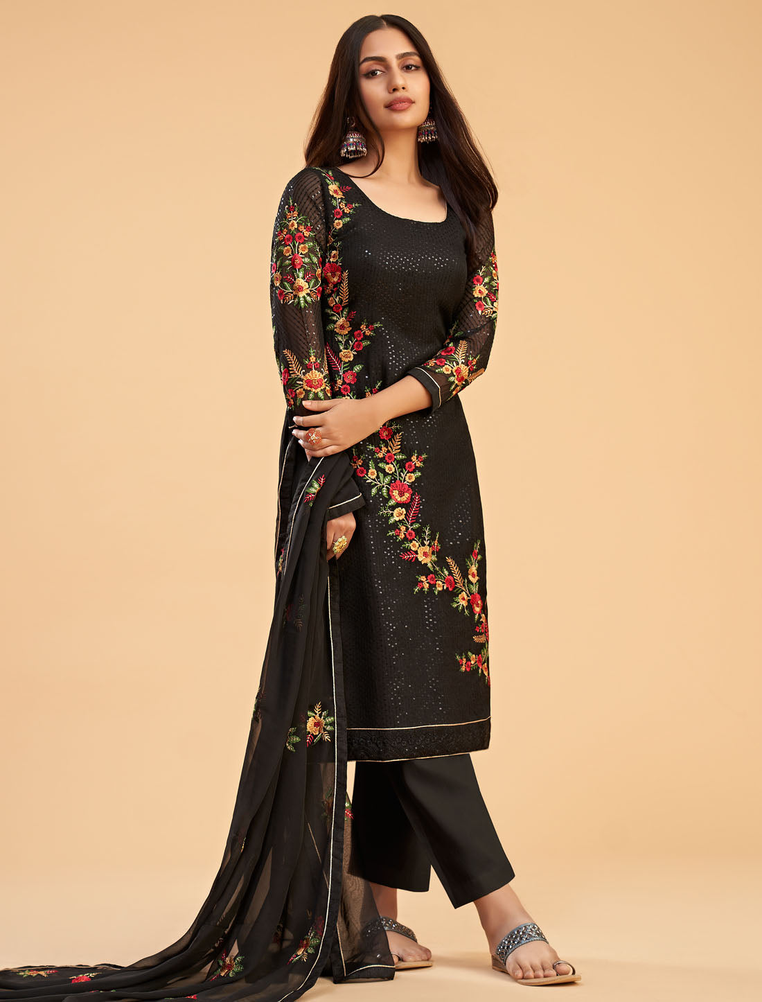 Black Ethnic Women Semi Stitched Embroidered Salwar Suit With Bottom And Dupatta