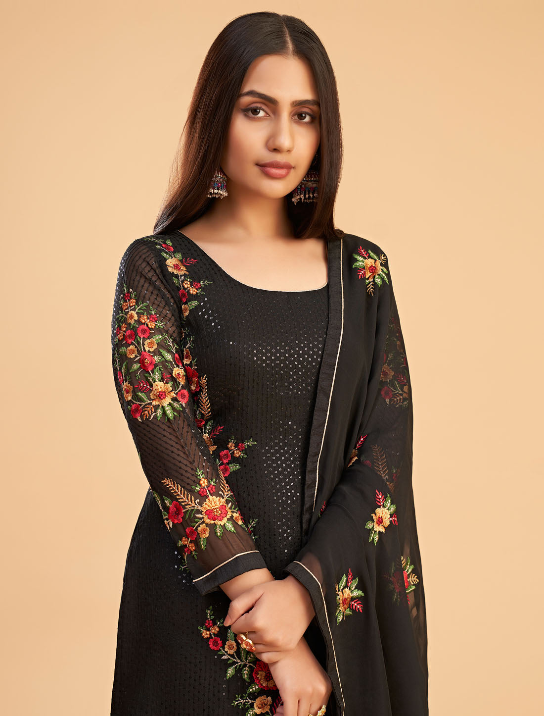 Black Ethnic Women Semi Stitched Embroidered Salwar Suit With Bottom And Dupatta