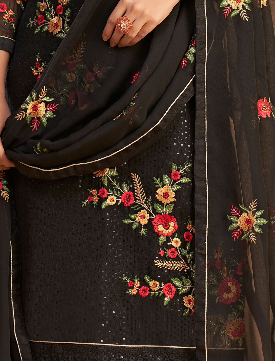 Black Ethnic Women Semi Stitched Embroidered Salwar Suit With Bottom And Dupatta