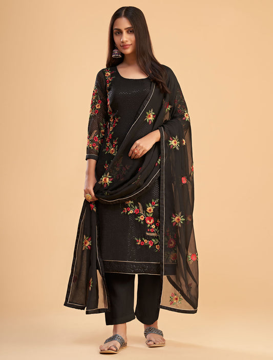 Black Ethnic Women Semi Stitched Embroidered Salwar Suit With Bottom And Dupatta