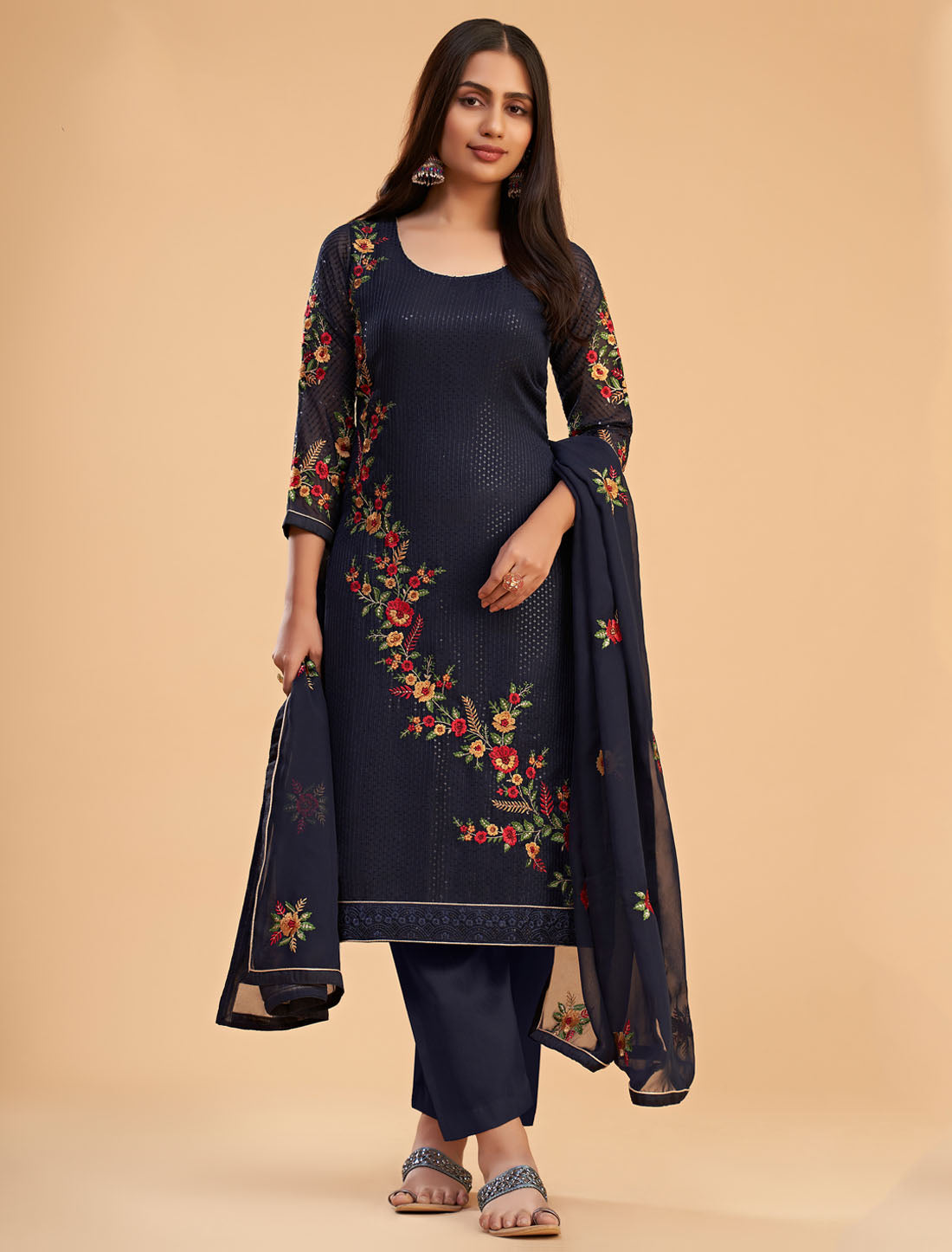 Blue Festive Ethnic Semi Stitched Women Salwar Suit With Multi Thread And Zari embroidery