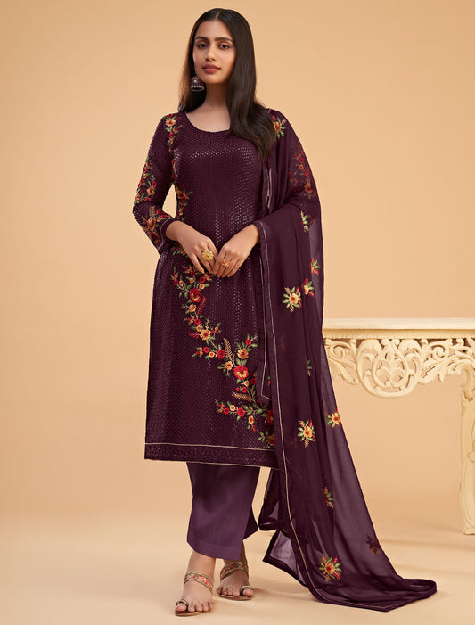 Wine Georgette Ethnic Semi Stitched Salwar Suit For Women With Zari Embroidery