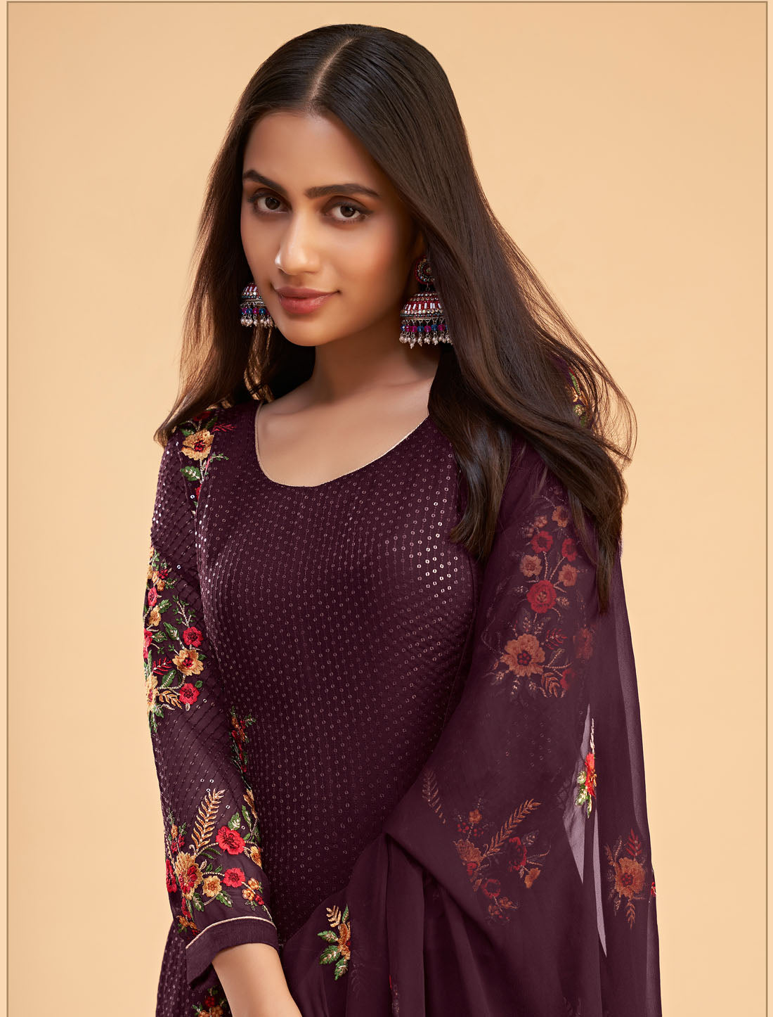 Wine Georgette Ethnic Semi Stitched Salwar Suit For Women With Zari Embroidery
