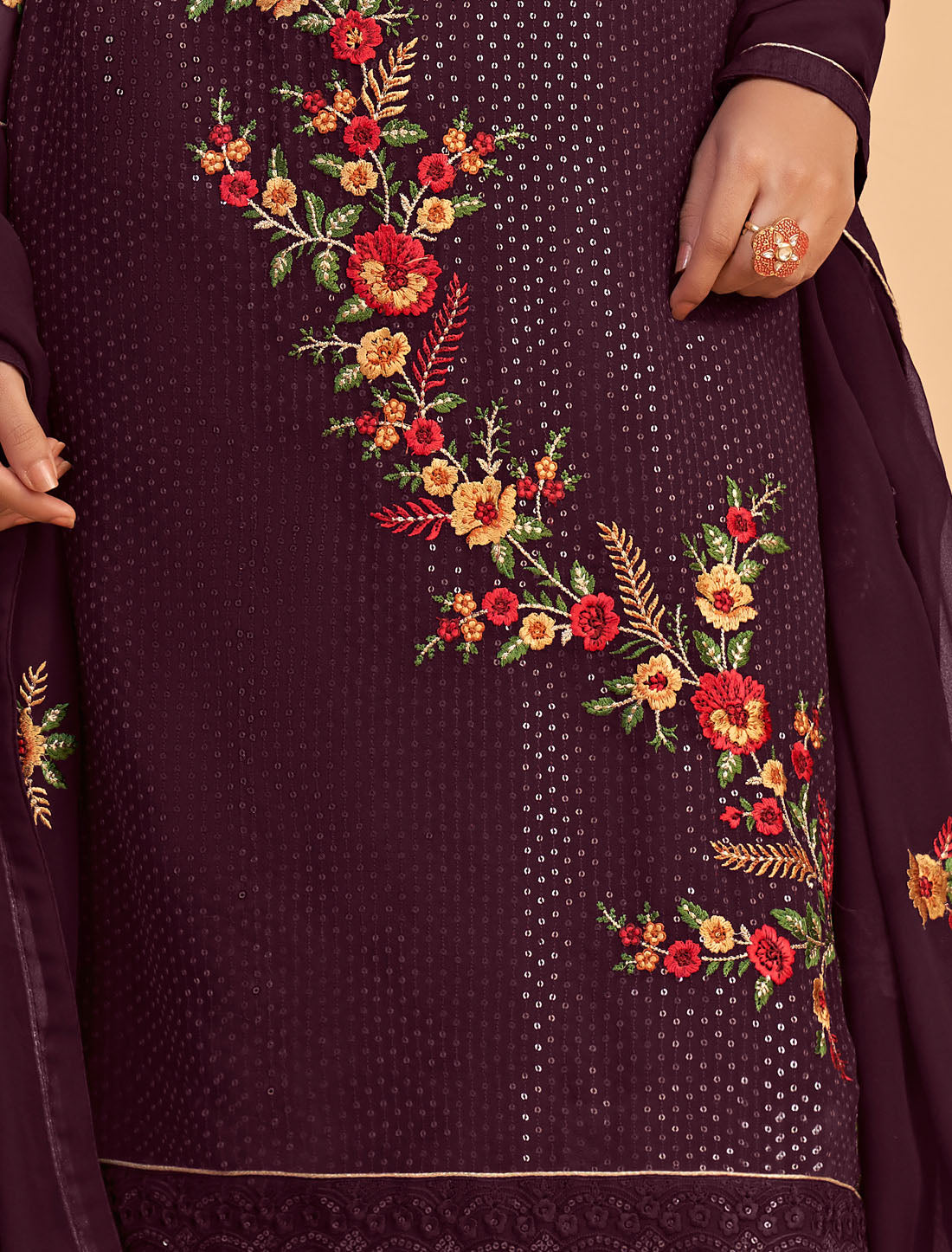 Wine Georgette Ethnic Semi Stitched Salwar Suit For Women With Zari Embroidery