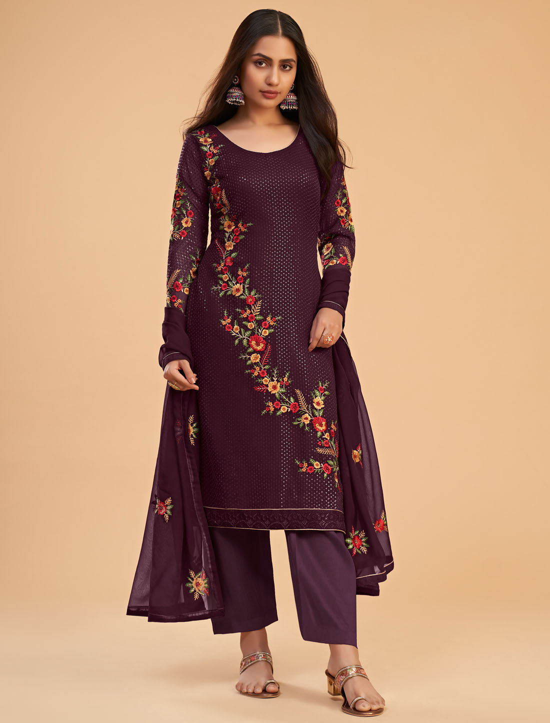 Wine Georgette Ethnic Semi Stitched Salwar Suit For Women With Zari Embroidery