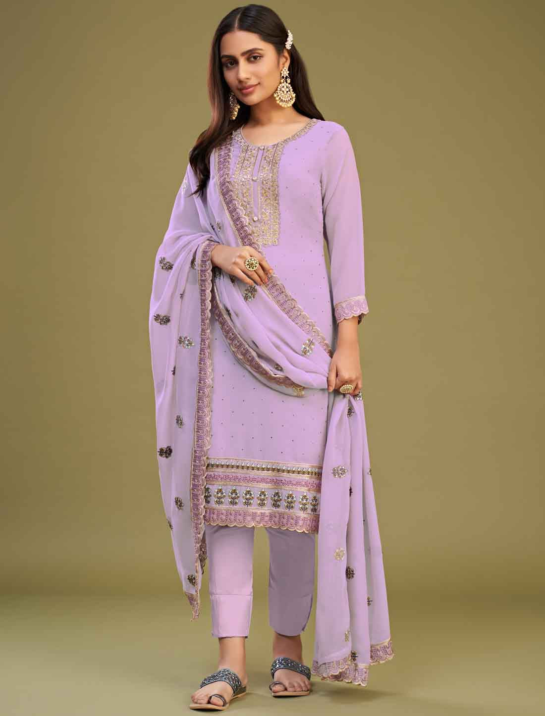 Lavender Ethnic Georgette Embroidery with Dull Santoon Kurta Sets