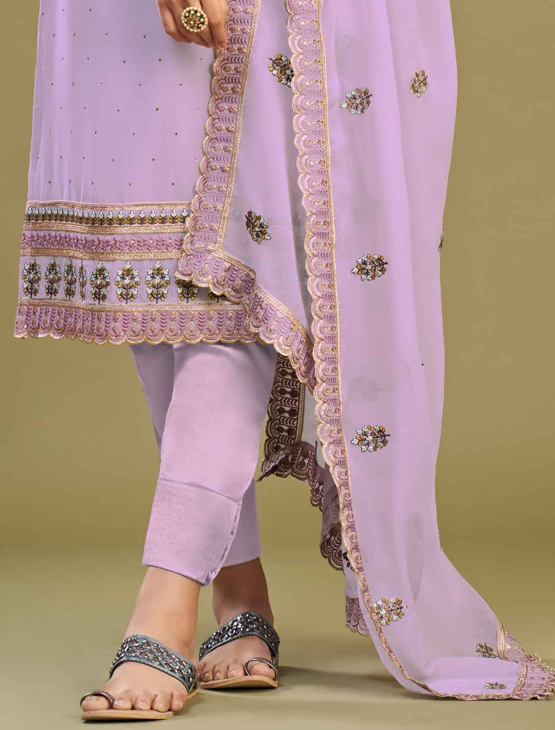 Lavender Ethnic Georgette Embroidery with Dull Santoon Kurta Sets