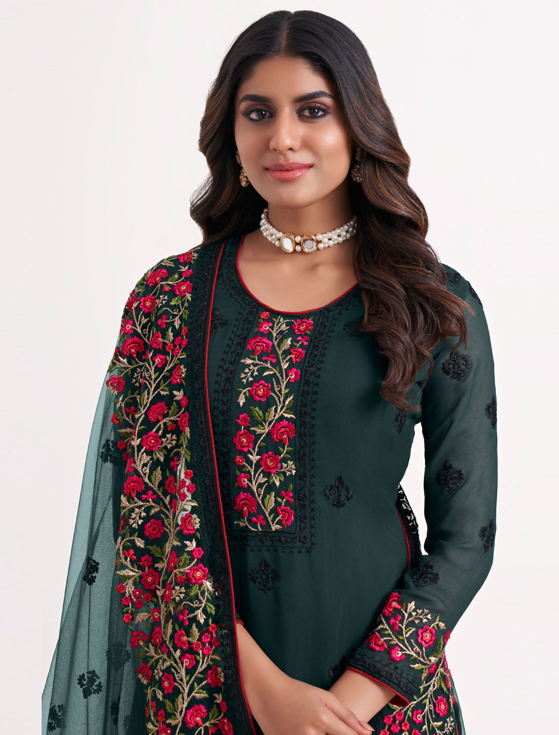 Green Ethnic Semi Stitched Kurta Set For Women With Sequins, Zari Embroidery and Stone Work,