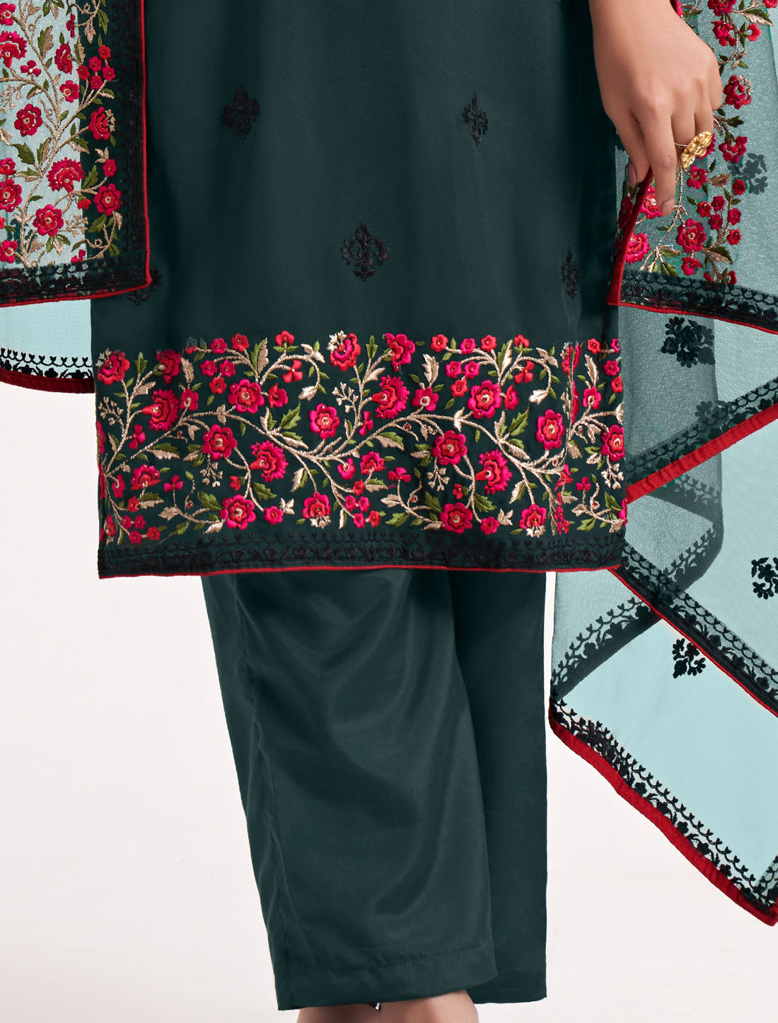 Green Ethnic Semi Stitched Kurta Set For Women With Sequins, Zari Embroidery and Stone Work,