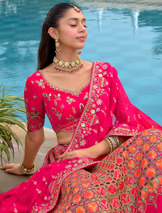 Dark Pink Fancy Silk An Net Designer Hevay Embroidery Ethnic Lehenga Choli
