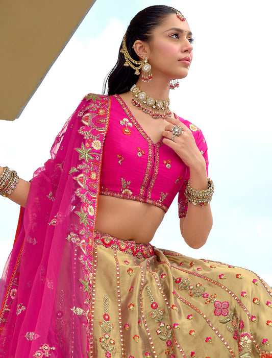 Ethnic Pink Fancy Silk An Net Hevay Embroidery Designer Lehenga Choli