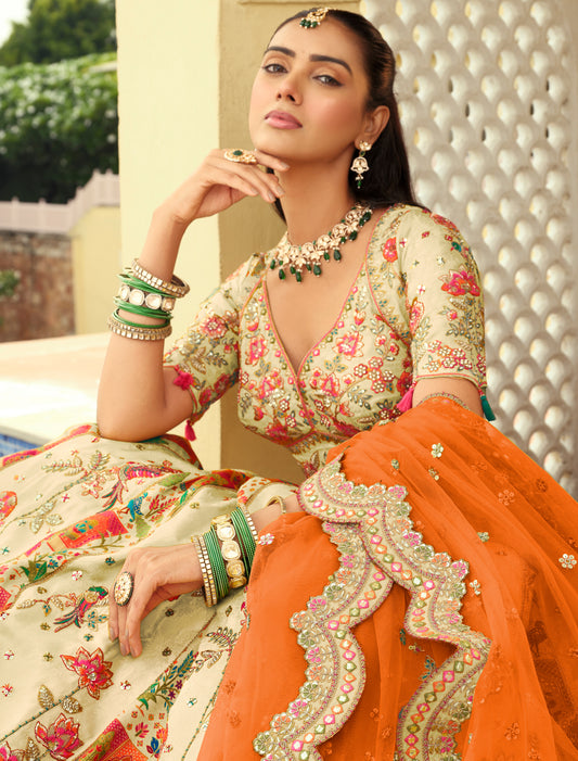 Ethnic Beige & Orange Silk Embroidery Cut Border Weaving Butti Art Lehenga Choli