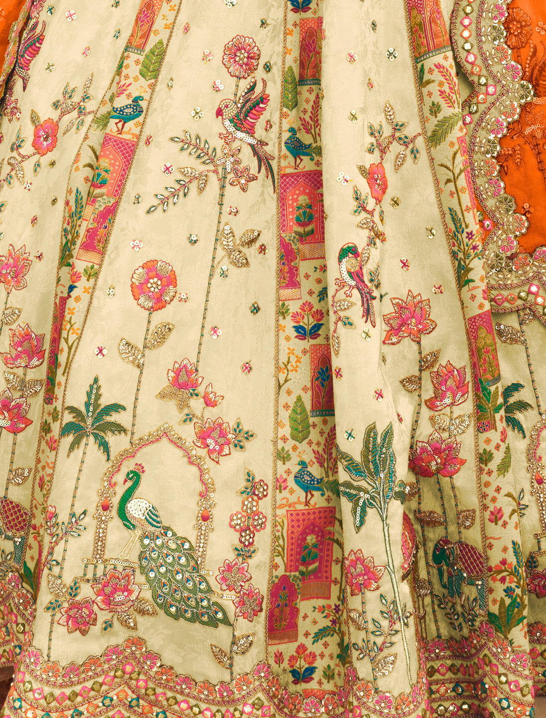 Ethnic Beige & Orange Silk Embroidery Cut Border Weaving Butti Art Lehenga Choli