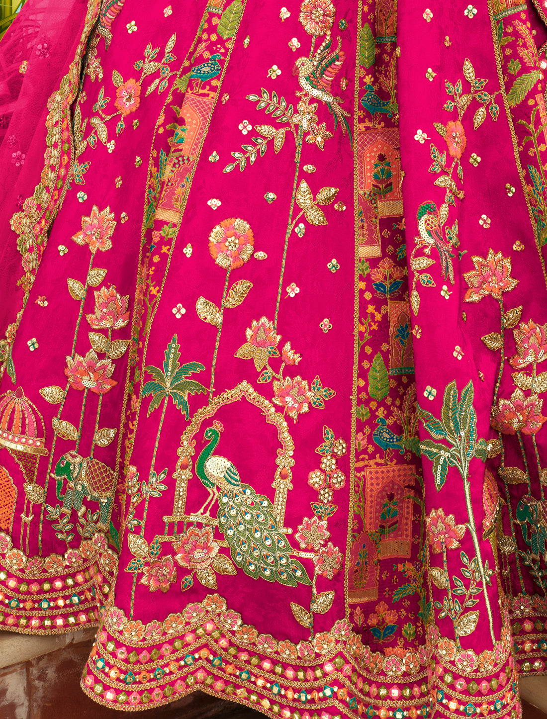Ethnic Dark Pink Silk Embroidery Cut Border Weaving Butti Art Lehenga Choli