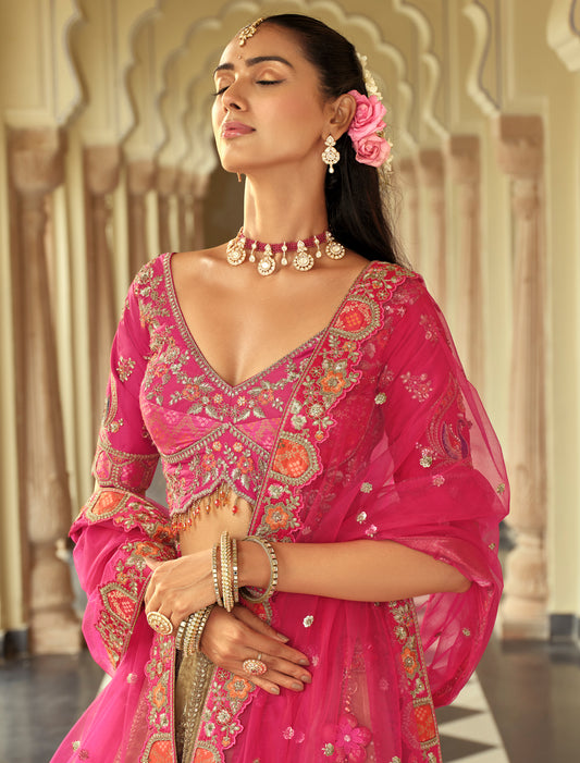 Pink & Grey Silk Embroidery Cut Border Weaving Butti Art Lehenga Choli