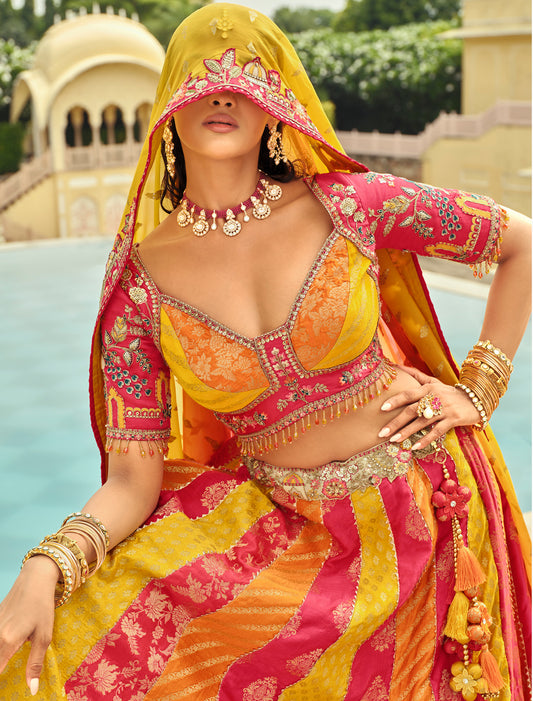 Ethnic Pink & Yellow Silk Embroidery Cut Border Weaving Butti Art Lehenga Choli