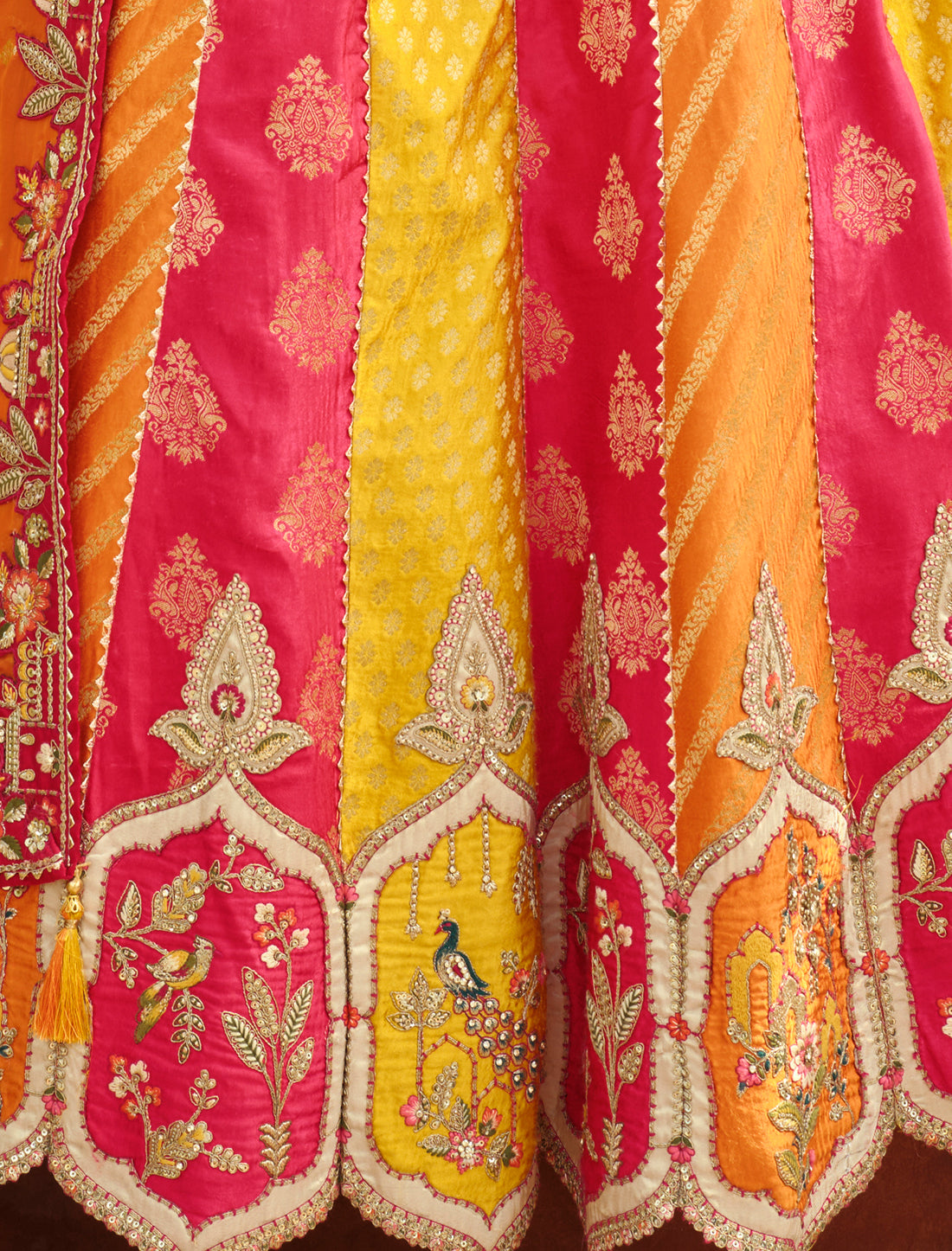 Ethnic Pink & Yellow Silk Embroidery Cut Border Weaving Butti Art Lehenga Choli