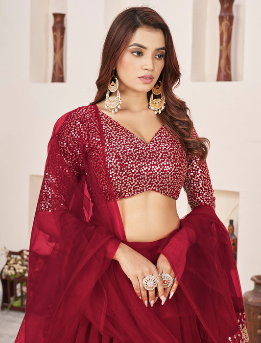 BeFashionate Red Georgette Sequins Zari Embroidery Wedding Lehenga Choli