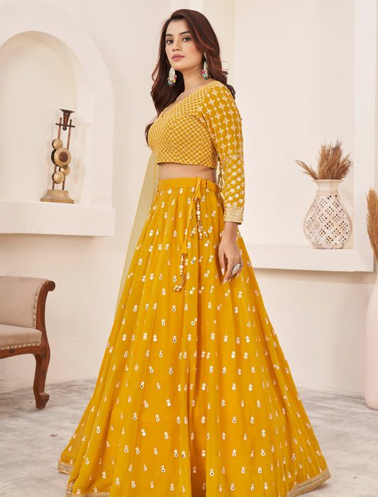 Yellow Georgette Zari Embroidery Wedding Lehenga Choli Dupatta Set