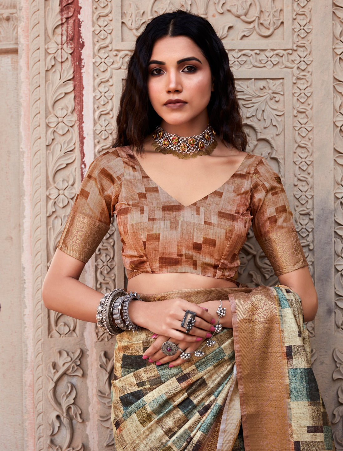 Copper Gold Ethic Hanloom Silk Party Wear Designer Saree