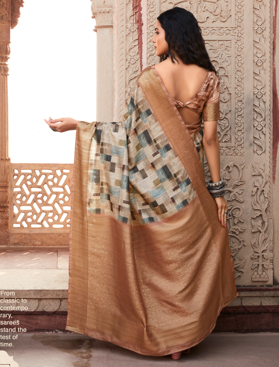 Copper Gold Ethic Hanloom Silk Party Wear Designer Saree