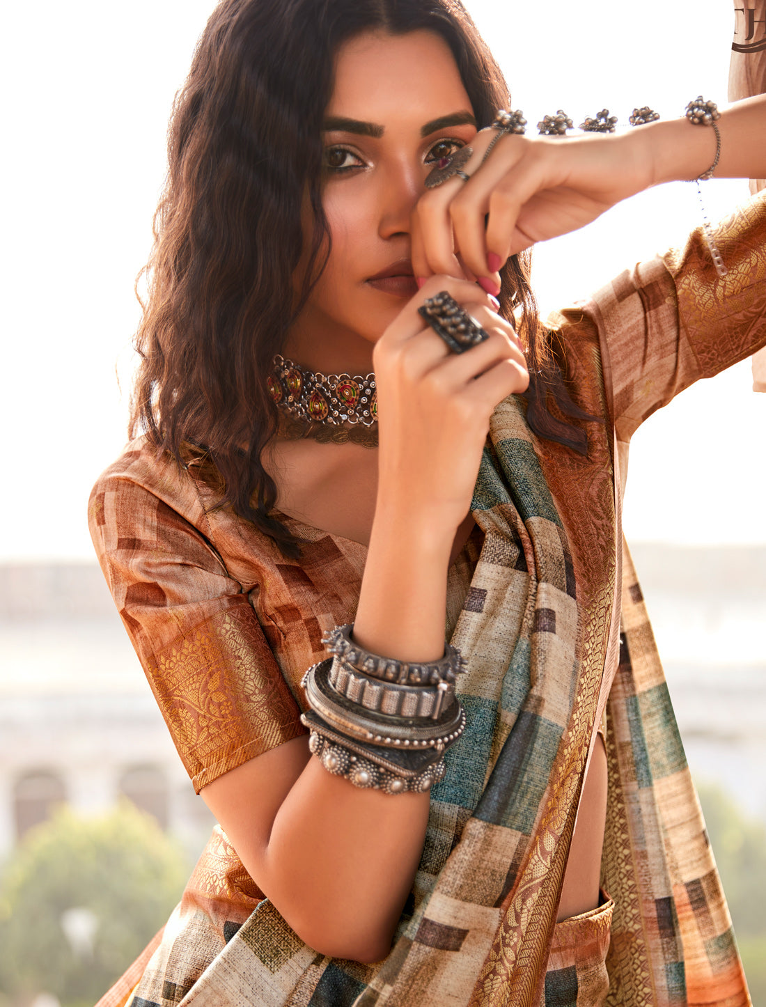 Copper Gold Ethic Hanloom Silk Party Wear Designer Saree