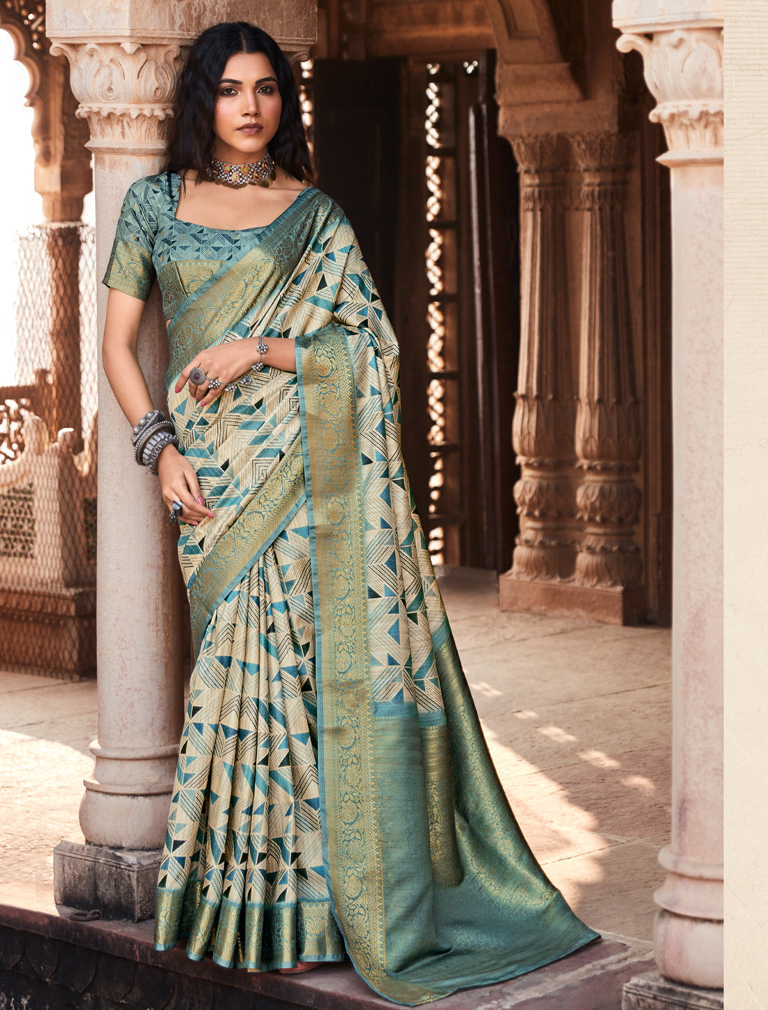 Teal Green Ethnic Handloom Silk Party Wear Designer Saree