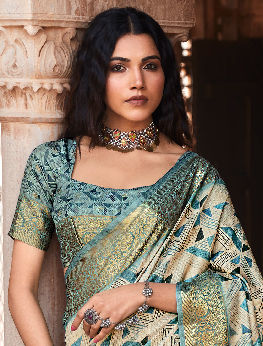 Teal Green Ethnic Handloom Silk Party Wear Designer Saree