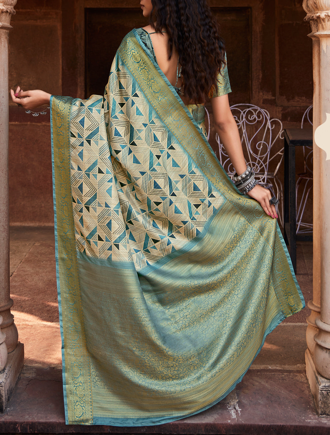 Teal Green Ethnic Handloom Silk Party Wear Designer Saree
