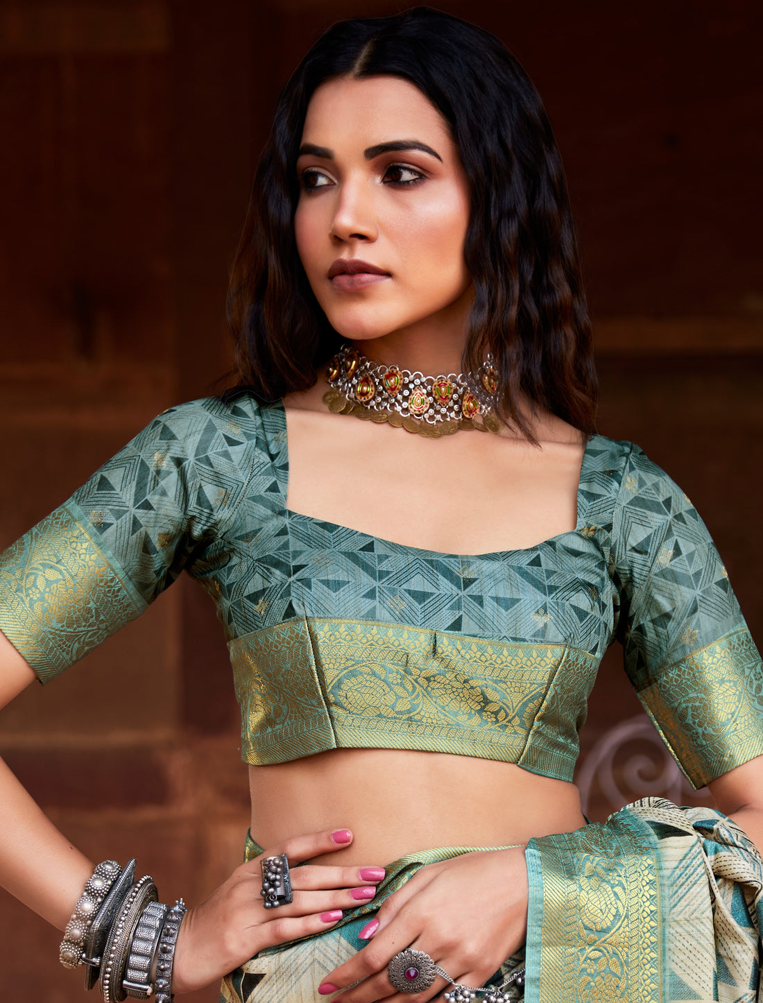 Teal Green Ethnic Handloom Silk Party Wear Designer Saree