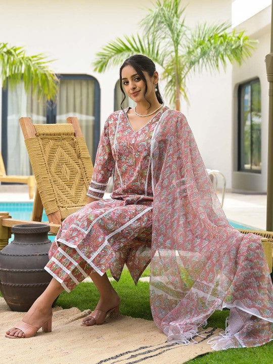 Maroon Floral Print Cotton Handblock Ethnic Kurta Set for Women