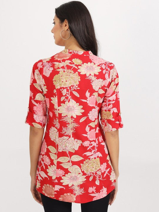 Red Floral Printed Viscose Rayon Ethnic Casual Top