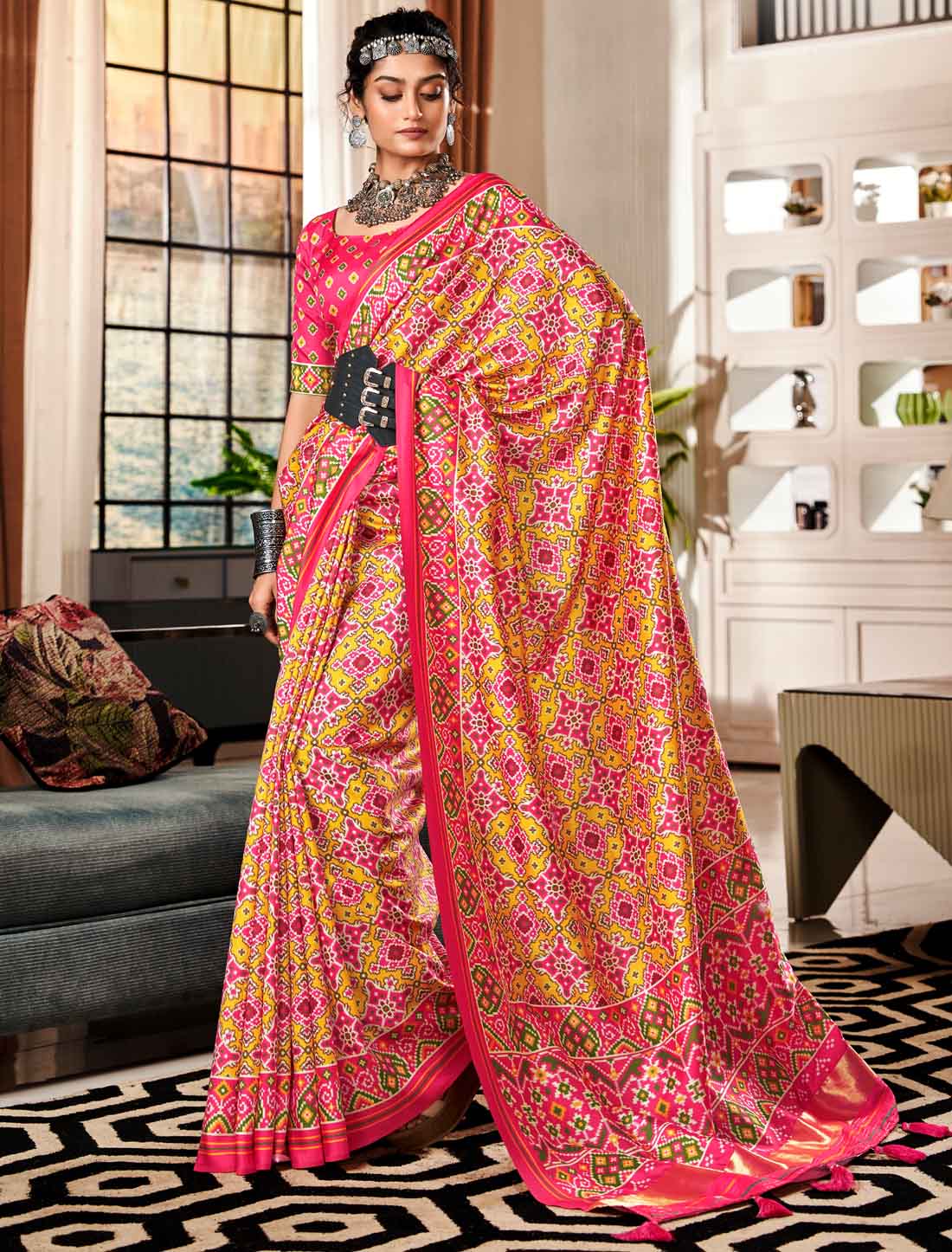 Ethnic Pure Tusser UnStitched Patola Print Saree