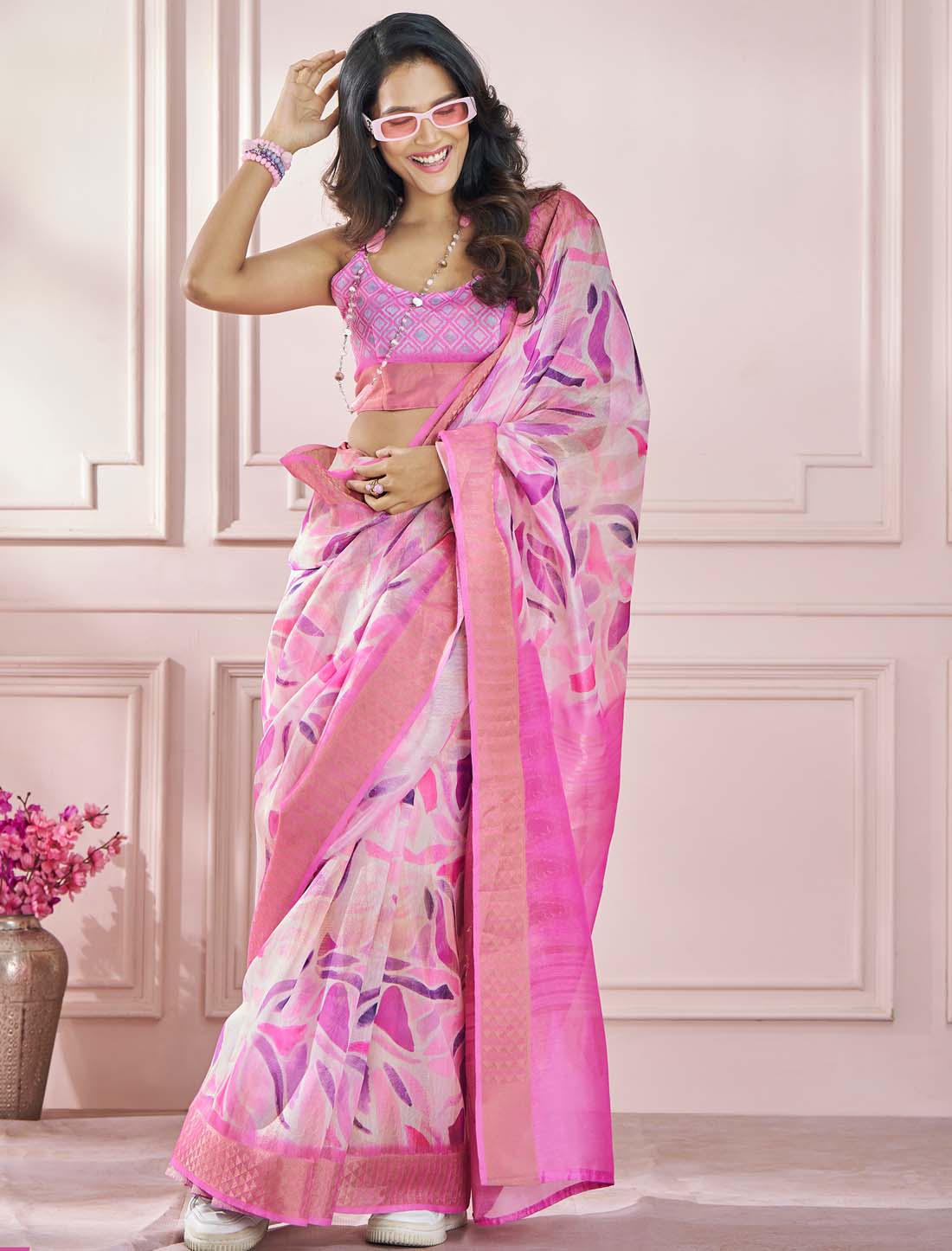 Ethnic Soft Zari Pink Based Modal Silk Saree