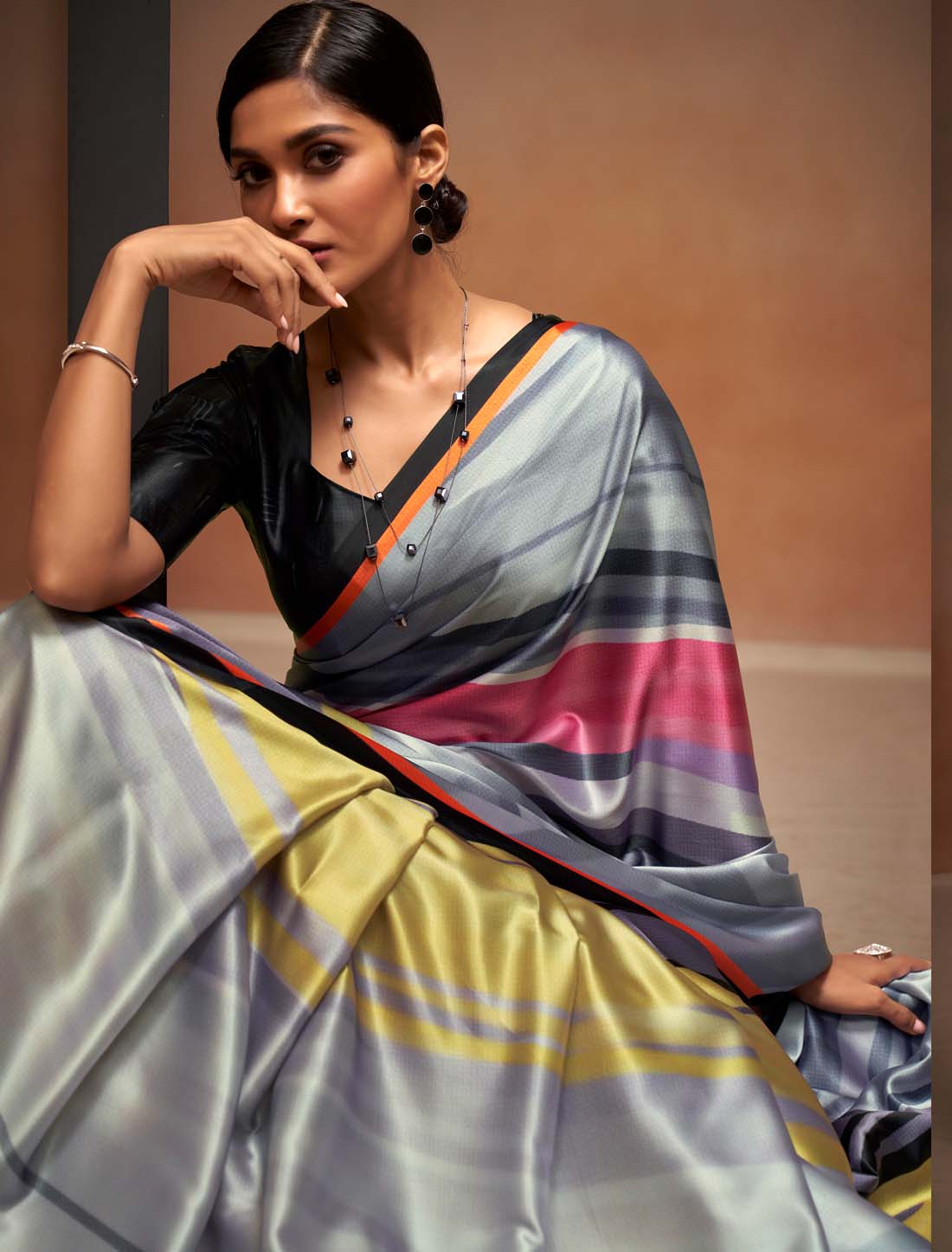 Ethnic Digital Rainbow Print With Satin Silk Saree
