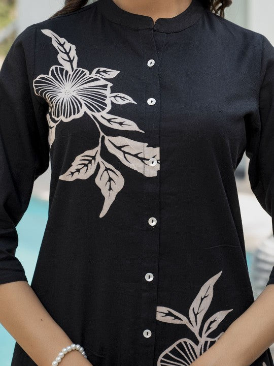 Black Floral Printed Pure Cotton A-line Fit Ethnic Kurta Pant Set