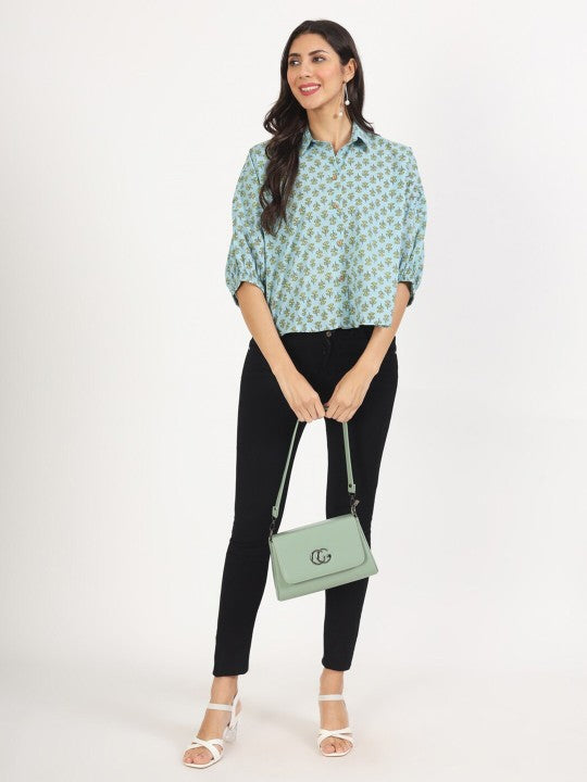 Ethnic Sky Blue Floral Printed Pure Cotton Casual Tops