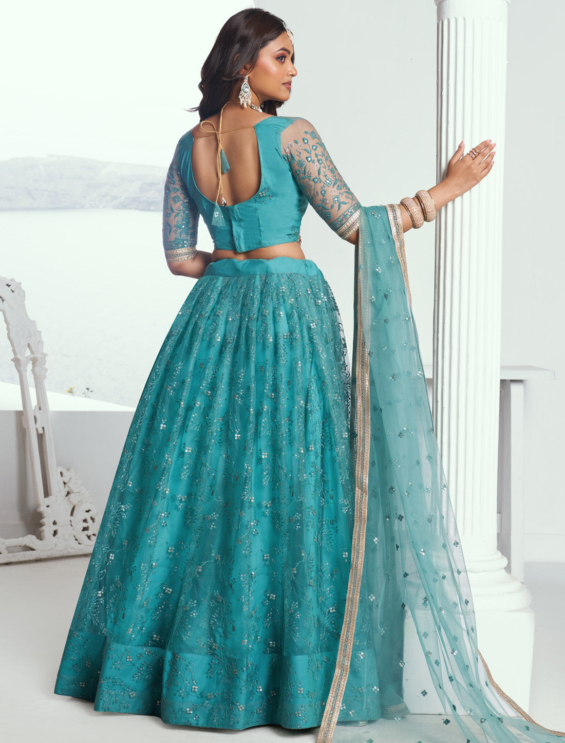Blue Butterfly Net Thread Sequence Embroidery Designer Lehenga Choli