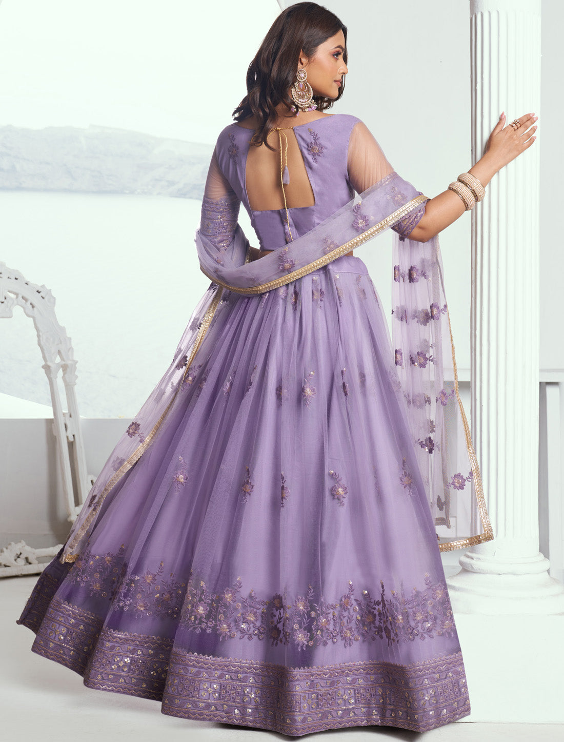Lavender Butterfly Net Thread Sequence Embroidery Ethinc Lehenga Choli