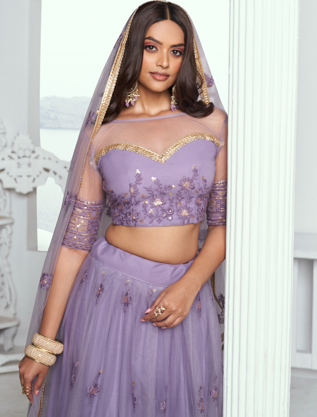 Lavender Butterfly Net Thread Sequence Embroidery Ethinc Lehenga Choli