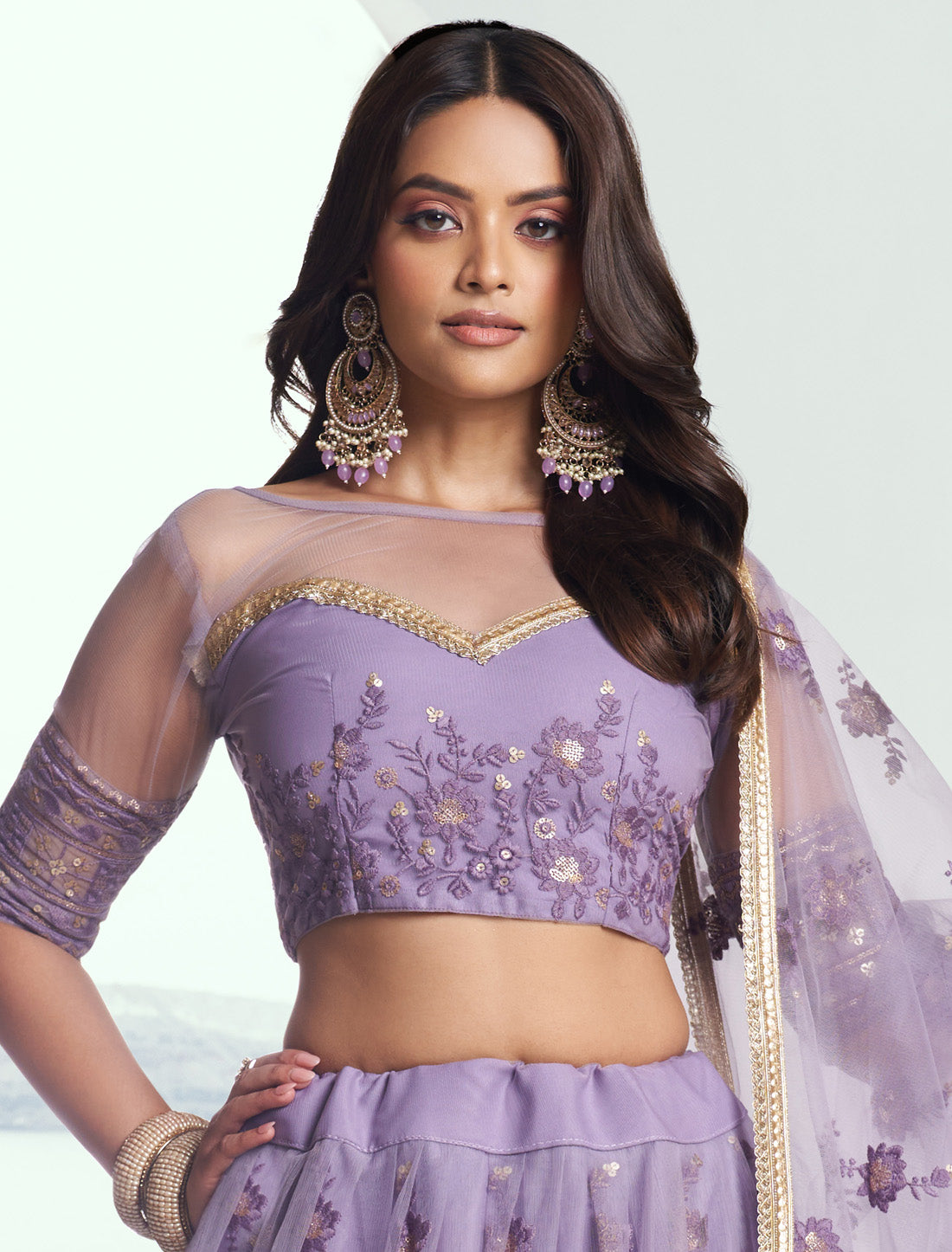 Lavender Butterfly Net Thread Sequence Embroidery Ethinc Lehenga Choli